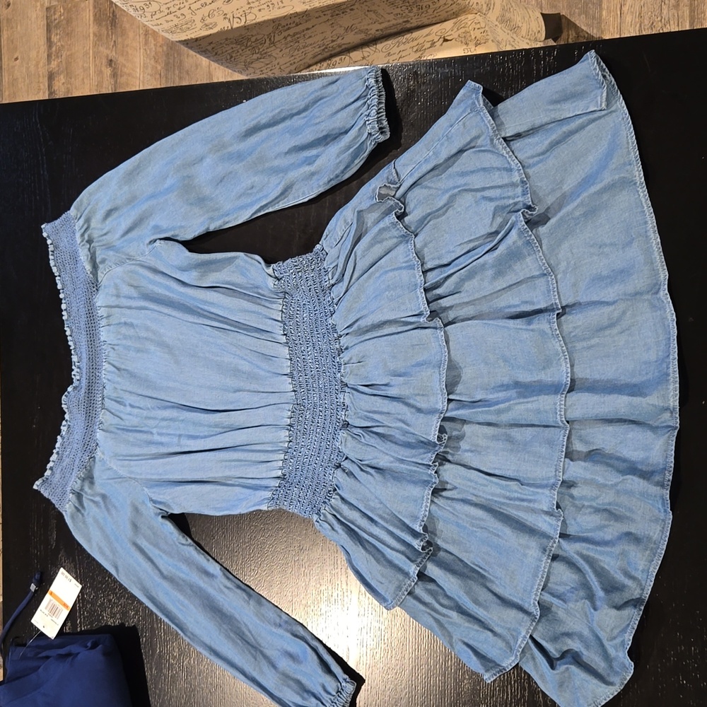 NWT! Michael Kors drop should layered ruffle hem denim dress